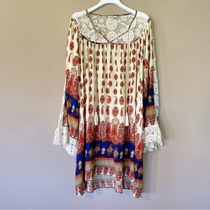 Boho Fall Dress Womens XL Kori America Lace Detail Tassels Harvest Colors Autumn